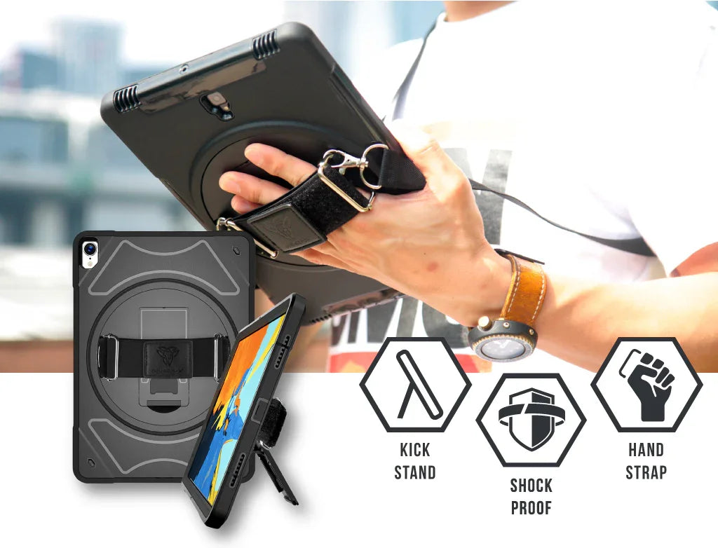 Armor-X Enx Case For iPad Pro 12.9 2020 Ultra 3 Layers Shockproof Rugged Case With Hand Strap & Kick Stand & Pen Holder- Black - Tashqila Armor-X Enx Case For iPad Pro 12.9 2020 Ultra 3 Layers Shockproof Rugged Case With Hand Strap & Kick Stand & Pen Holder- Black - Tashqila